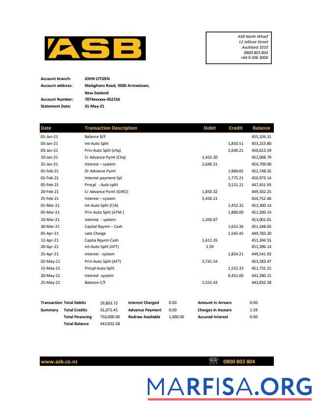 Blank New Zealand ASB bank statement excel download for verification